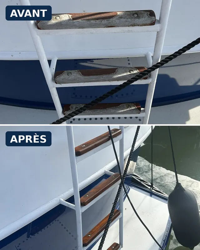 Échelle de bateau avant et après : marches en bois poncées et revernies