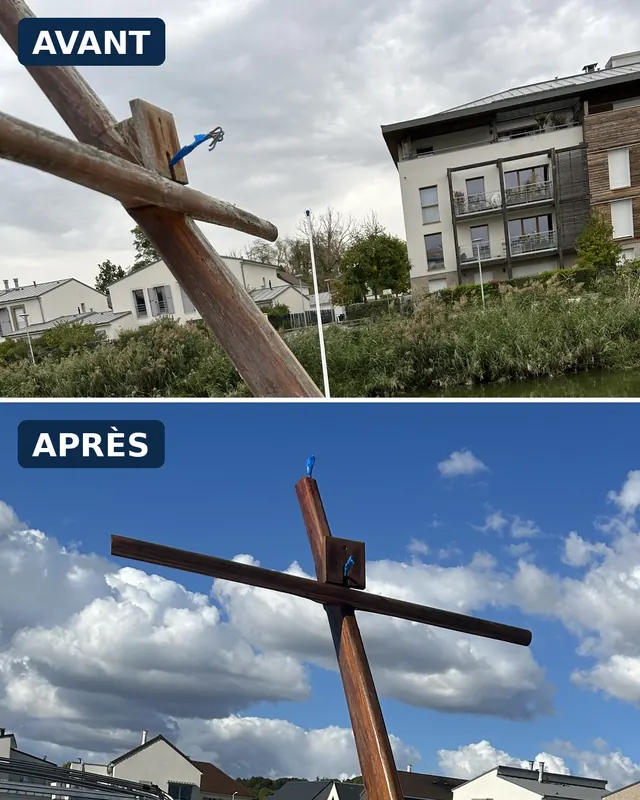 Mât en bois avant et après vernis